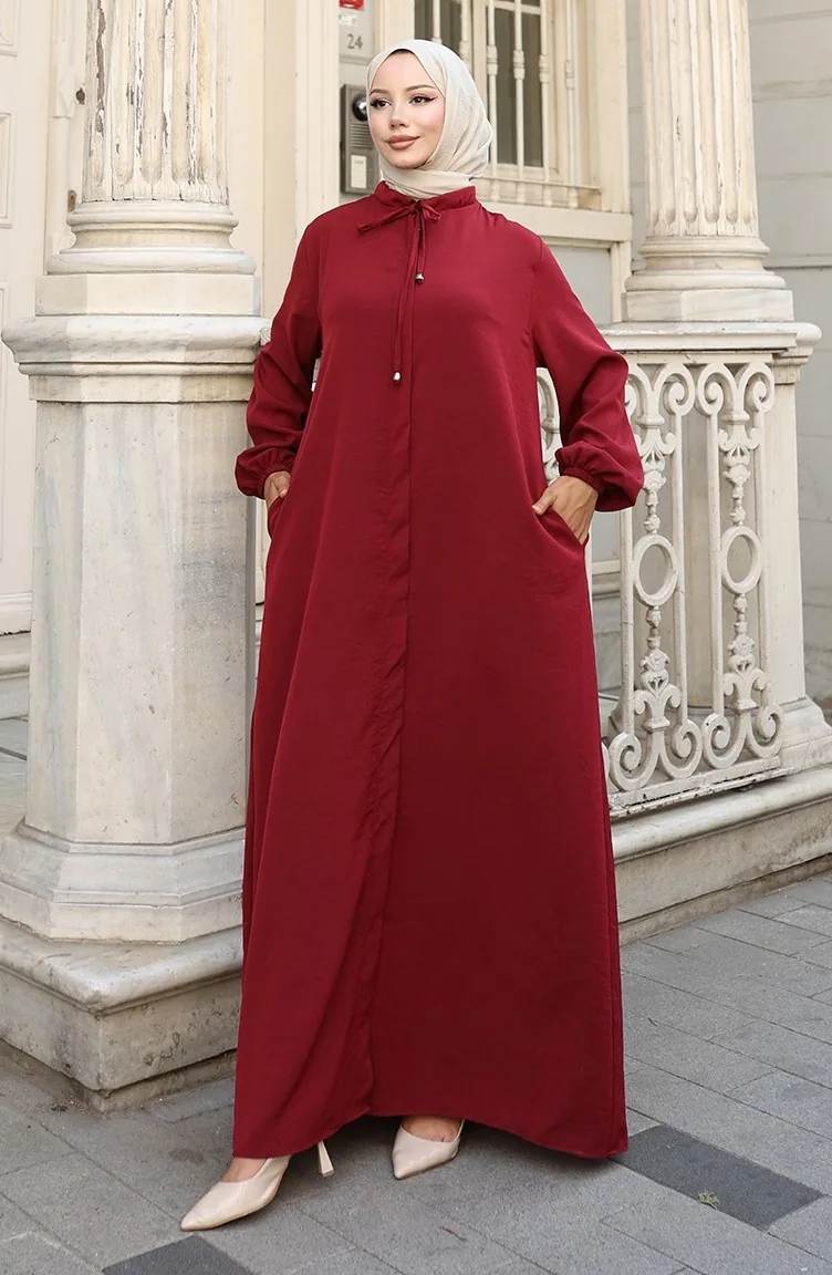 Abaya Zippée à Manches élastiques 0140-01 Rouge Bordeaux 0140-01