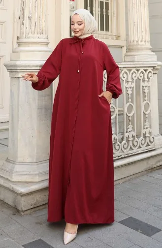 Abaya Zippée à Manches élastiques 0140-01 Rouge Bordeaux 0140-01