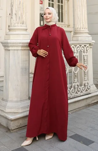 Abaya Zippée à Manches élastiques 0140-01 Rouge Bordeaux 0140-01