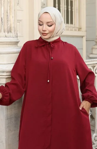 Abaya Zippée à Manches élastiques 0140-01 Rouge Bordeaux 0140-01