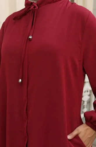 Abaya Zippée à Manches élastiques 0140-01 Rouge Bordeaux 0140-01