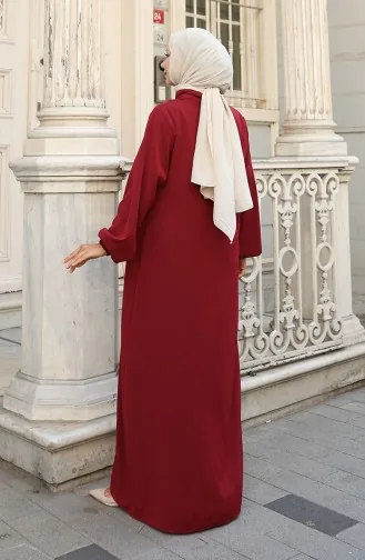 Abaya Zippée à Manches élastiques 0140-01 Rouge Bordeaux 0140-01