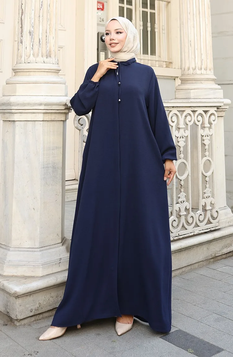 Elastic Sleeve Zippered Abaya 0140-03 Navy Blue 0140-03