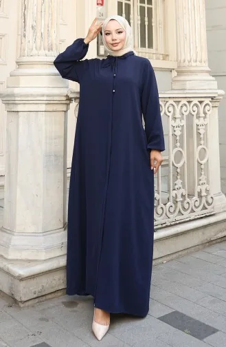 Elastic Sleeve Zippered Abaya 0140-03 Navy Blue 0140-03