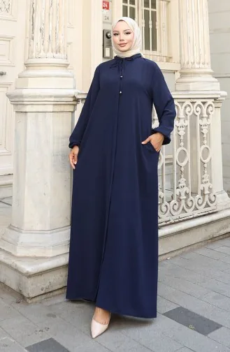 Elastic Sleeve Zippered Abaya 0140-03 Navy Blue 0140-03