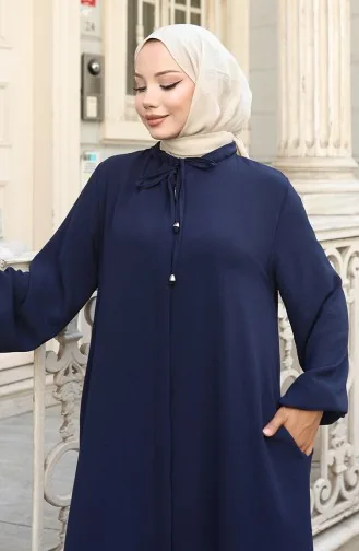 Elastic Sleeve Zippered Abaya 0140-03 Navy Blue 0140-03