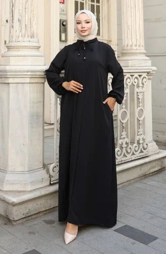 عباية بأكمام مرنة وسحاب 0140-06 أسود 0140-06