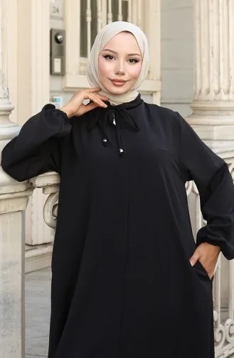 عباية بأكمام مرنة وسحاب 0140-06 أسود 0140-06