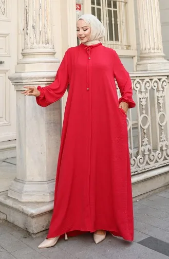 Abaya Zippée à Manches élastiques 0140-07 Rouge 0140-07