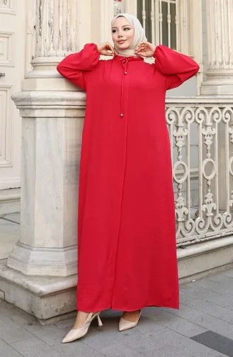 Abaya Zippée à Manches élastiques 0140-07 Rouge 0140-07
