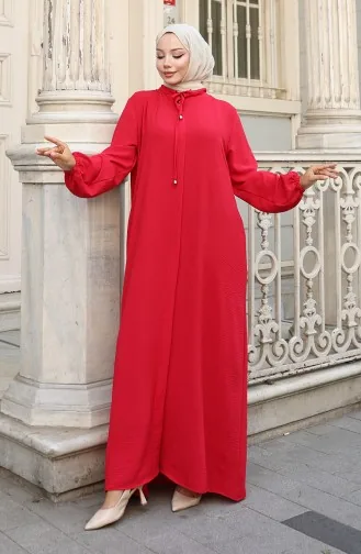 Abaya Zippée à Manches élastiques 0140-07 Rouge 0140-07