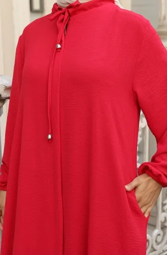 Abaya Zippée à Manches élastiques 0140-07 Rouge 0140-07