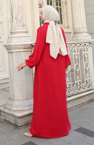 Abaya Zippée à Manches élastiques 0140-07 Rouge 0140-07