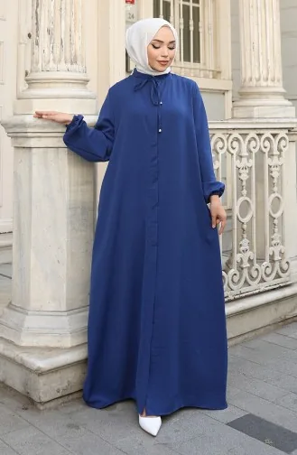 Elastic Sleeve Zippered Abaya 0140-09 Dark Navy Blue 0140-09