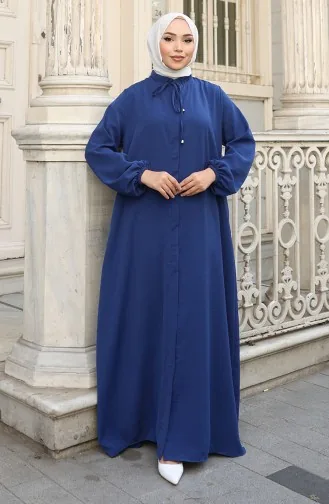 Elastic Sleeve Zippered Abaya 0140-09 Dark Navy Blue 0140-09