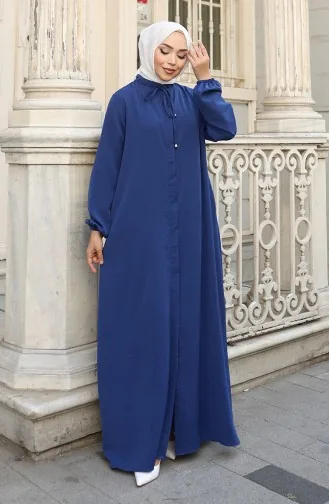 Elastic Sleeve Zippered Abaya 0140-09 Dark Navy Blue 0140-09