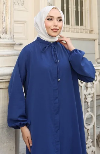 Elastic Sleeve Zippered Abaya 0140-09 Dark Navy Blue 0140-09