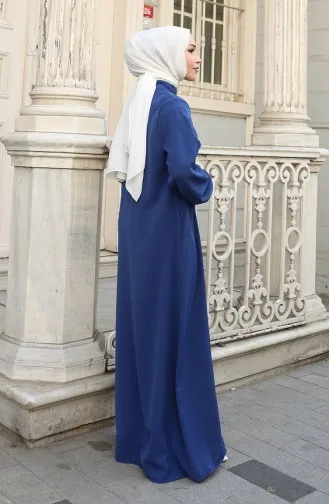 Elastic Sleeve Zippered Abaya 0140-09 Dark Navy Blue 0140-09