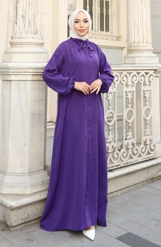 Abaya Zippée à Manches élastiques 0140-10 Violet 0140-10