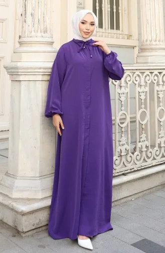 Abaya Zippée à Manches élastiques 0140-10 Violet 0140-10
