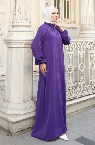 Abaya Zippée à Manches élastiques 0140-10 Violet 0140-10
