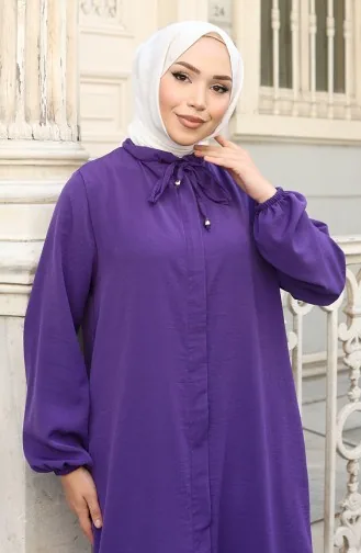 Abaya Zippée à Manches élastiques 0140-10 Violet 0140-10