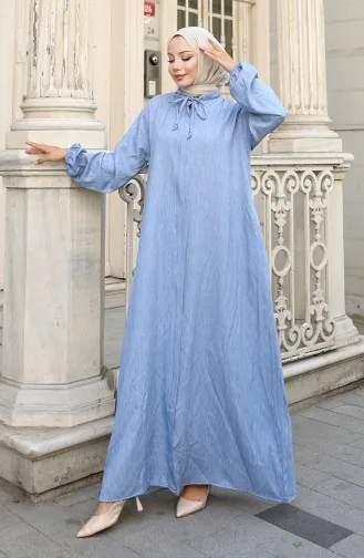 عباية جينز بأكمام مرنة وسحاب 0141-01 أزرق جينز 0141-01