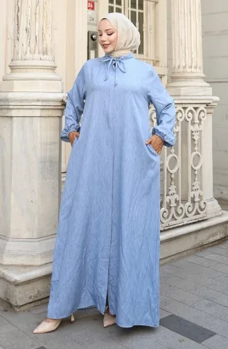 عباية جينز بأكمام مرنة وسحاب 0141-01 أزرق جينز 0141-01