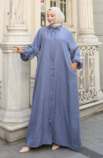 عباية جينز بأكمام مرنة وسحاب 0141-02 أزرق داكن 0141-02