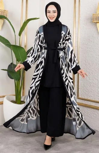 Desenli Üçlü Viskon Takım 0345-01 Siyah