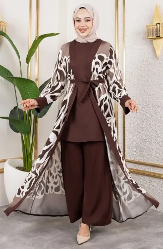 Desenli Üçlü Viskon Takım 0345-03 Kahverengi