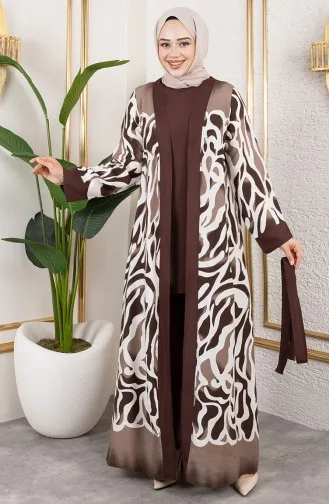 Desenli Üçlü Viskon Takım 0345-03 Kahverengi