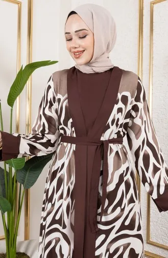 Desenli Üçlü Viskon Takım 0345-03 Kahverengi