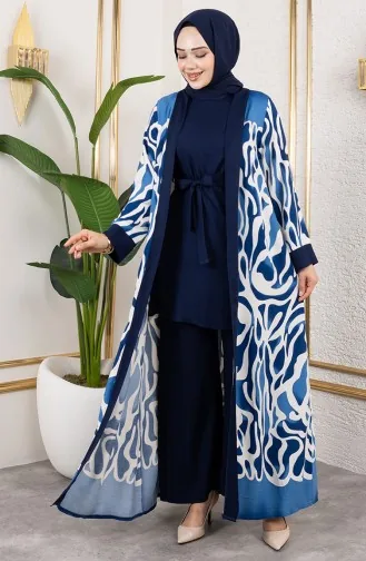 Desenli Üçlü Viskon Takım 0345-04 İndigo