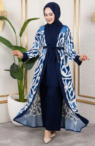 Desenli Üçlü Viskon Takım 0345-04 İndigo