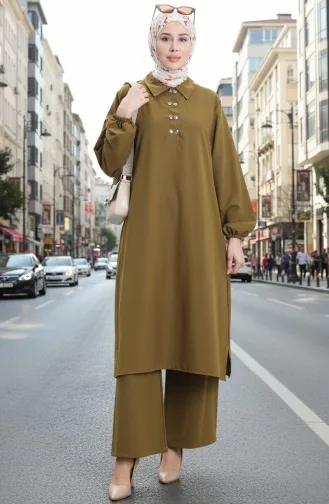 Ensemble Deux Pièces Tunique Et Pantalon à Col Chemise Vert Olive 0123-04 0123-04