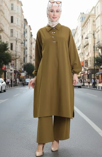 Ensemble Deux Pièces Tunique Et Pantalon à Col Chemise Vert Olive 0123-04 0123-04