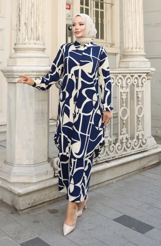 Ensemble Deux Pièces Tunique Et Pantalon En Viscose 0143-01 Bleu Marine 0143-01