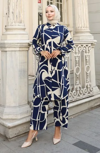 Ensemble Deux Pièces Tunique Et Pantalon En Viscose 0143-01 Bleu Marine 0143-01