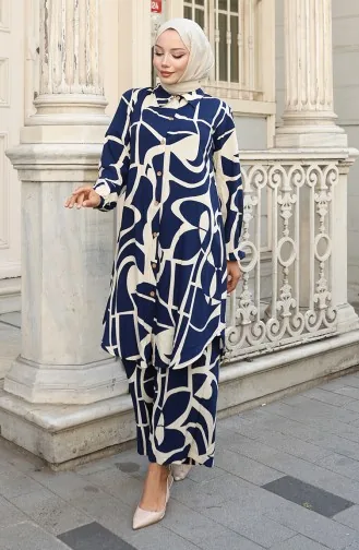 Ensemble Deux Pièces Tunique Et Pantalon En Viscose 0143-01 Bleu Marine 0143-01