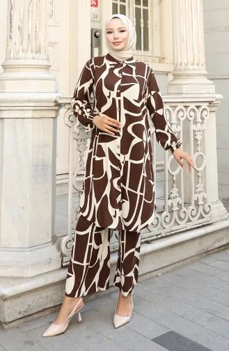 Viskon Kumaş Tunik Pantolon İkili Takım 0143-03 Kahverengi