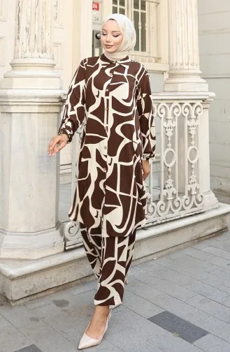Viskon Kumaş Tunik Pantolon İkili Takım 0143-03 Kahverengi