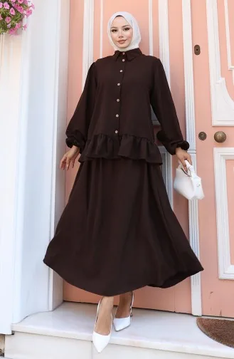 Fırfırlı Tunik Etek İkili Takım 0146-03 Kahverengi