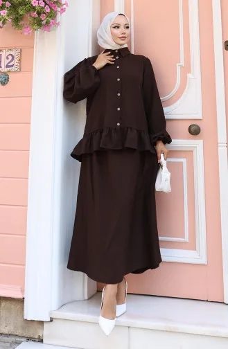 Fırfırlı Tunik Etek İkili Takım 0146-03 Kahverengi