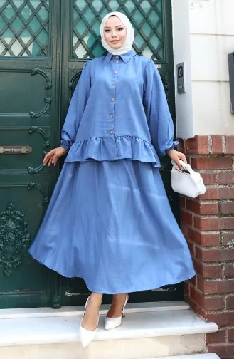 Fırfırlı Tunik Etek İkili Takım 0146-04 İndigo