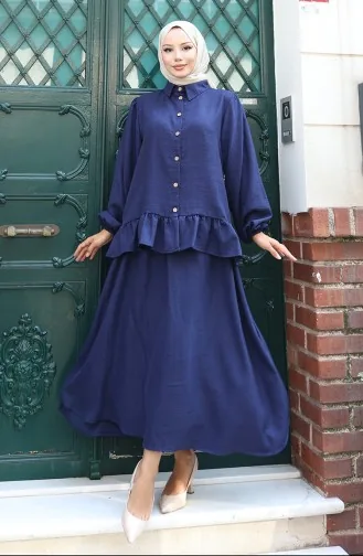 Ruffle Tunic Skirt Two Piece Suit 0146-05 Navy Blue 0146-05