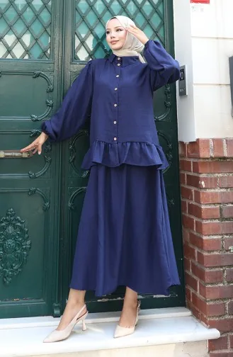 Ruffle Tunic Skirt Two Piece Suit 0146-05 Navy Blue 0146-05