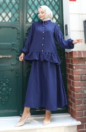 Ruffle Tunic Skirt Two Piece Suit 0146-05 Navy Blue 0146-05