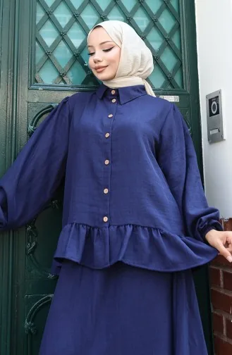 Ruffle Tunic Skirt Two Piece Suit 0146-05 Navy Blue 0146-05