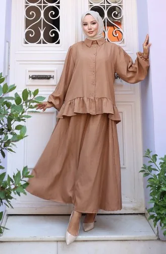 Ensemble Deux Pièces Tunique Et Jupe à Volants 0146-06 Café Au Lait 0146-06